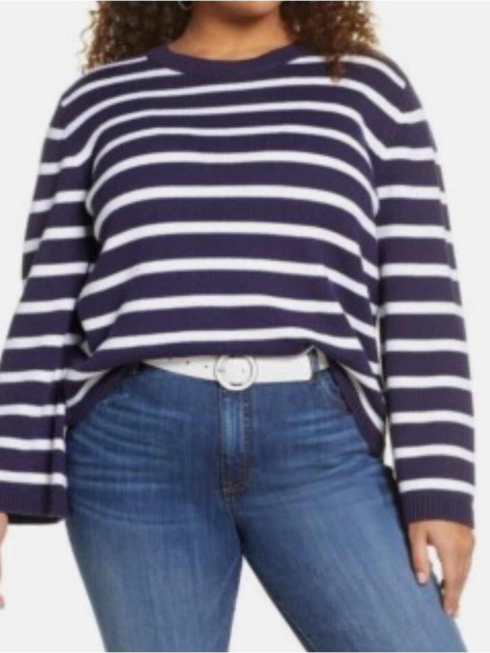 Halogen x Atlantic Pacific Navy & White Striped Crewneck Sweater